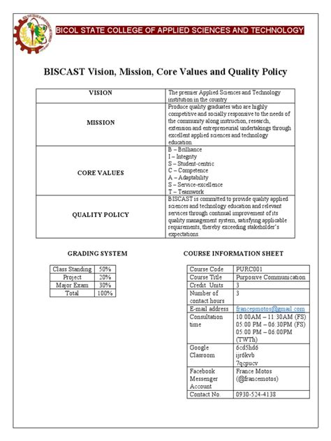 BISCAST Vision, Mission, Core Values and Quality Policy: Bicol .